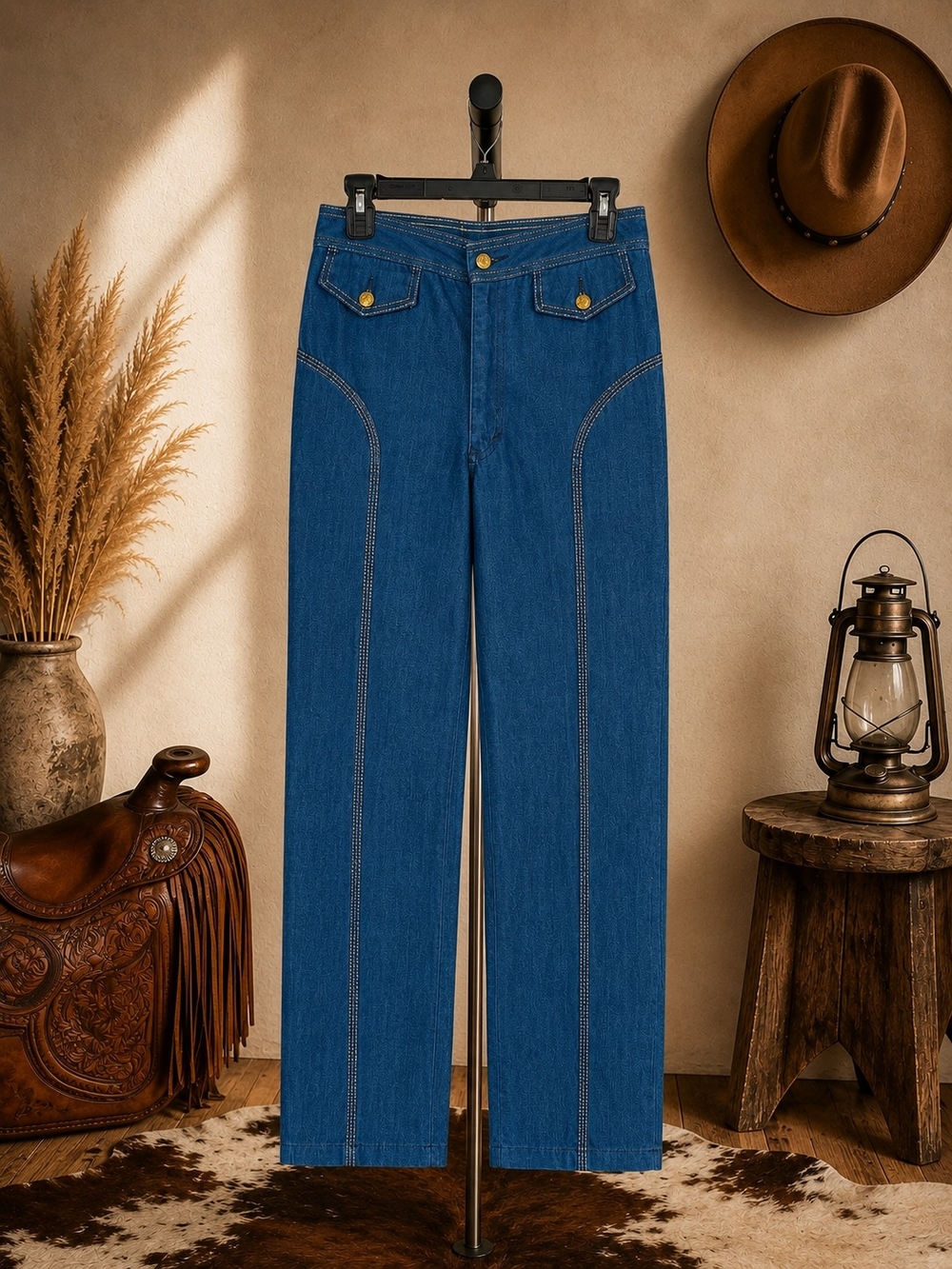 Vintage Faded Glory Bareback Jeans Sz 11 Western Gold Stitch High Rise Denim